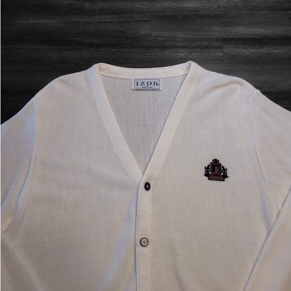 🧶 VTG IZOD 90s Grandpa Cardigan – Men’s M – Ivory Knit – Logo – Made in USA - Picture 3 of 8